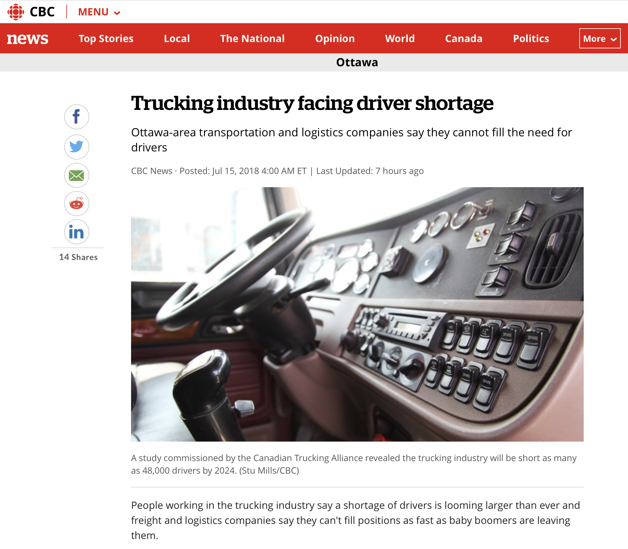 CBC News: Trucking industry facing driver shortage